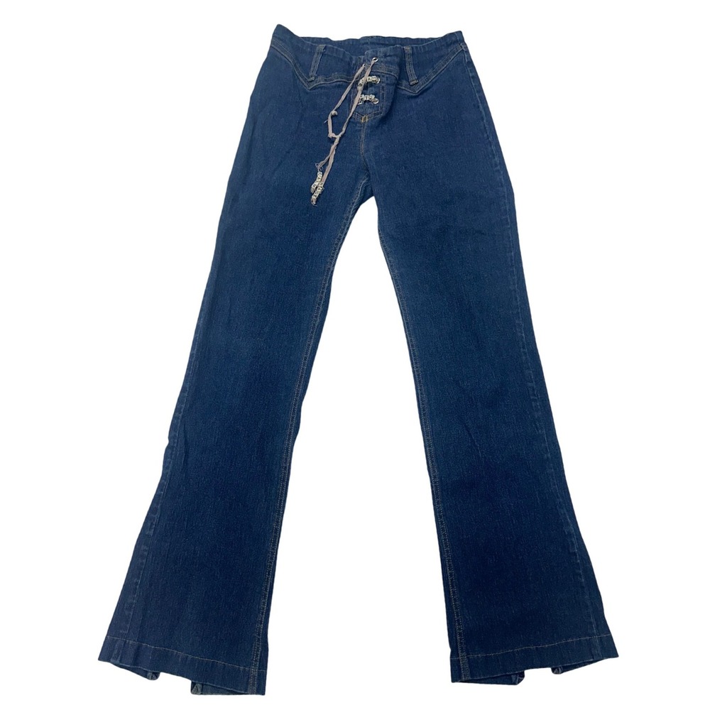 VTG Kik Girl Jeans Blue Wide Leg Lace Up Front Beaded 90 Y2K Rave Denim Women 28